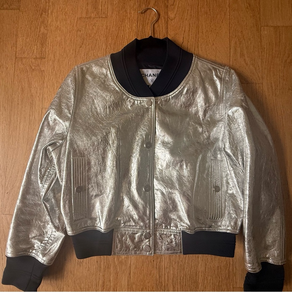 CHANEL Silver Metallic Bomber Jacket with Dark Navy Trim
